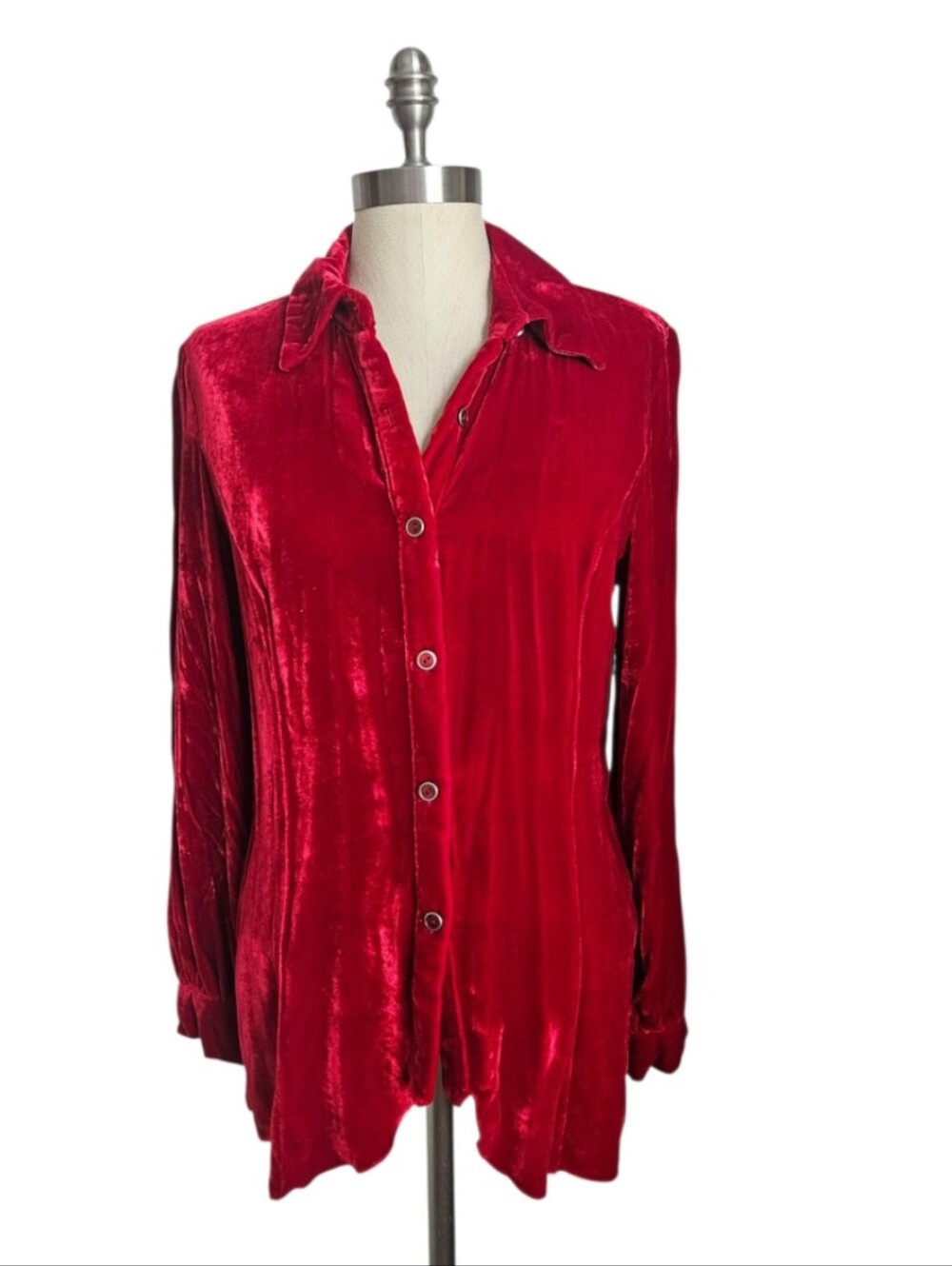 COLDWATER CREEK Red Crushed Velvet Button Down Back Peplum Blouse | SZ S